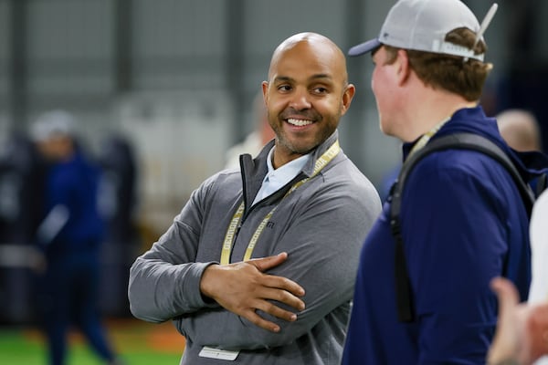 Falcons general manager Ian Cunningham attends Georgia Tech’s pro day in March. (Jason Getz/AJC)