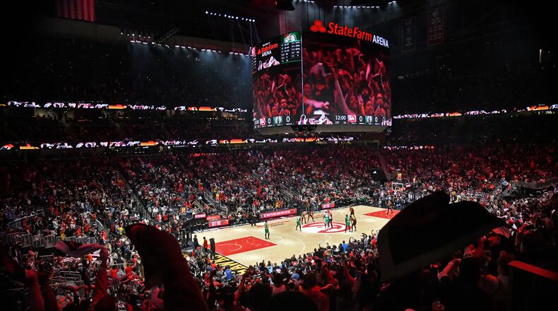 Fans cheer before Game 6 of the first round of the Eastern Conference playoffs at State Farm Arena, Thursday, April 27, 2023, in Atlanta. (Hyosub Shin / Hyosub.Shin@ajc.com)