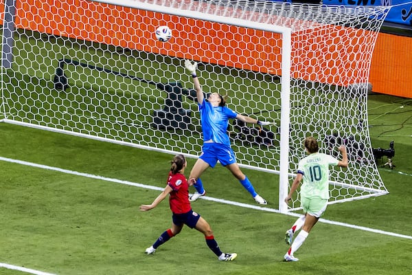 Italy's Cristiana Girelli (10) scores their second goal during the Women's Euro 2025 quarterfinals soccer match between Norway and Italy at Stade de Geneve in Geneva, Switzerland, Wednesday, July 16, 2025. (Salvatore Di Nolfi/Keystone via AP)