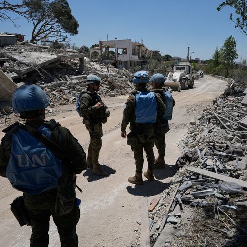Spanish U.N peacekeepers deploy at a road in Dibbine village, southeast Lebanon, Friday, June 5, 2026, a day after Israeli forces withdrew following intense clashes with Hezbollah fighters. (AP Photo/Hussein Malla)