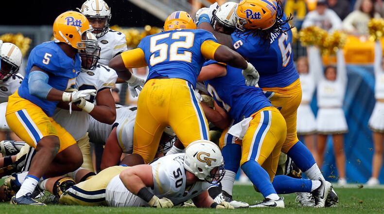 Tyrique Jarrett (6) of the Pittsburgh Panthers makes a defensive stop on 4th down late in the fourth quarter during the game against Georgia Tech Saturday at Heinz Field in Pittsburgh. (Photo by Justin K. Aller/Getty Images)