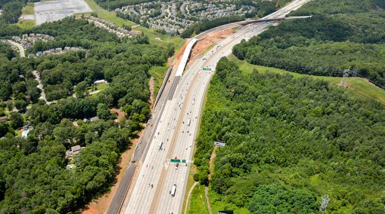 Aerial photo depicts construction progress of the Northwest Corridor Express Lanes at the I-75/I-575 junction near Marietta. STATE ROAD AND TOLLWAY AUTHORITY