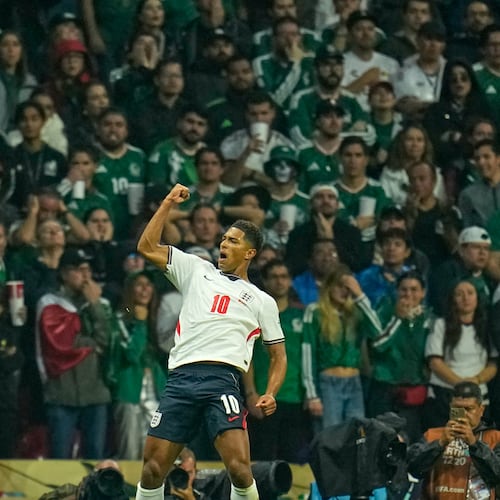 England's Jude Bellingham celebrates after scoring his side's opening goal during the World Cup round of 16 soccer match between Mexico and England in Mexico City on Sunday, July 5, 2026. (Ricardo Mazalan/AP)