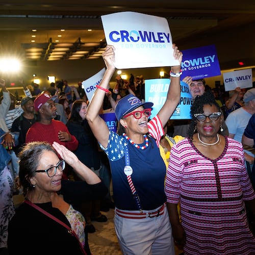 Supporters react to election results coming in during a primary election night watch party for Democratic gubernatorial candidate David Crowley, Tuesday, Aug. 11, 2026, in Milwaukee, Wis. (AP Photo/Kayla Wolf)