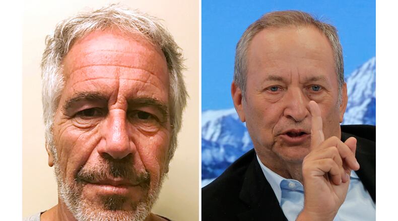 This combo shows Jeffrey Epstein, left, and U.S. economist Larry Summers. (New York State Sex Offender Registry via AP/Michel Euler)