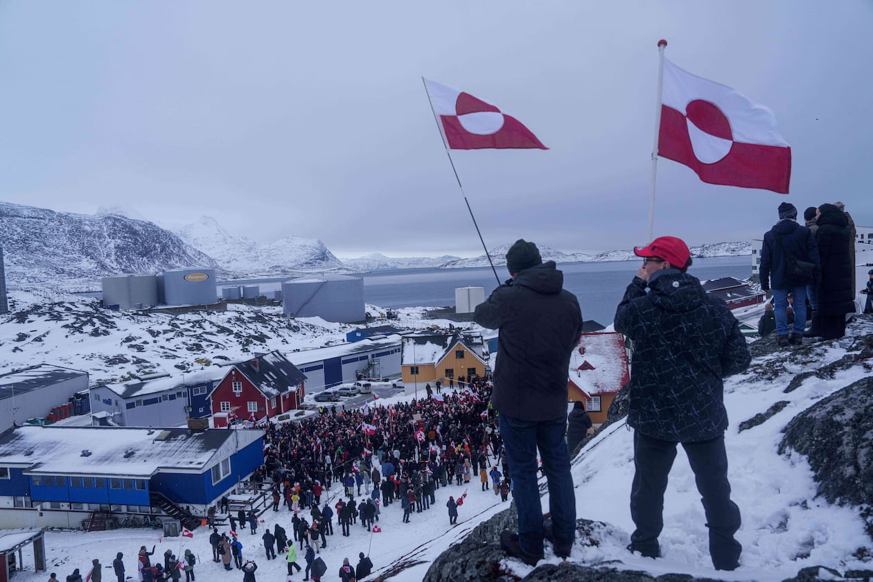 People protest against Trump's policy toward Greenland in front of the U.S. consulate in Nuuk, Greenland, Saturday, Jan. 17, 2026. (Evgeniy Maloletka/AP)