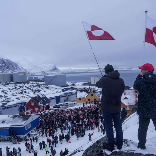 People protest against Trump's policy toward Greenland in front of the U.S. consulate in Nuuk, Greenland, Saturday, Jan. 17, 2026. (Evgeniy Maloletka/AP)