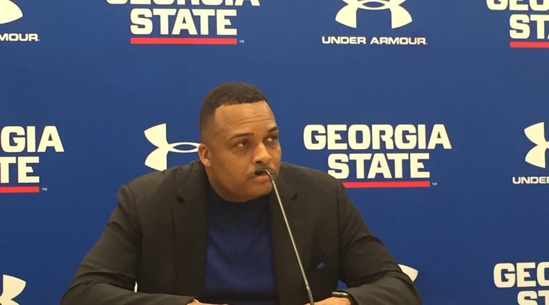 Georgia State coach Ron Hunter speaks with media after a 90-82 overtime loss to Louisiana-Monroe on Feb. 10 in Atlanta.