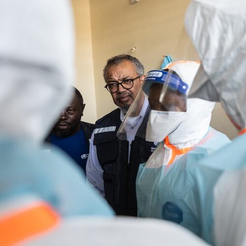 Director General of the World Health Organisation (WHO), Tedros Adhanom Ghebreyesus, visits health workers at the Evangelical Medical Centre (CEM) in Bunia, Congo, Sunday, May 31, 2026. (AP Photo/Moses Sawasawa)