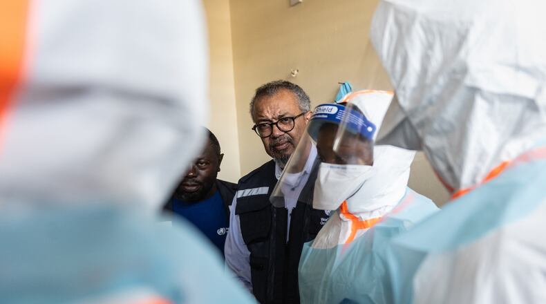 Director General of the World Health Organisation (WHO), Tedros Adhanom Ghebreyesus, visits health workers at the Evangelical Medical Centre (CEM) in Bunia, Congo, Sunday, May 31, 2026. (AP Photo/Moses Sawasawa)