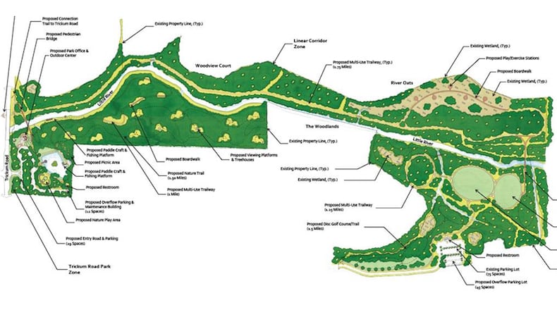 Nature trails, a pond with fishing and paddle craft, multi-use open space and a disc golf trail are among the proposals for the new Little River Park in Woodstock. The city will take comments on the plan through 5 p.m. Friday, Dec. 11.