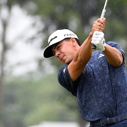 Michael Thorbjornsen hits from the fifth tee during the final round of the Rocket Classic golf tournament, Sunday, Aug. 2, 2026, in Detroit. (AP Photo/Jose Juarez)