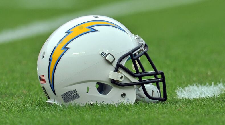KANSAS CITY, MO - SEPTEMBER 30: The helmet of tight end Dante Rosario of the San Diego Chargers before a game against the Kansas City Chiefs on September 30, 2012 at Arrowhead Stadium in Kansas City, Missouri. (Photo by Peter G. Aiken/Getty Images)