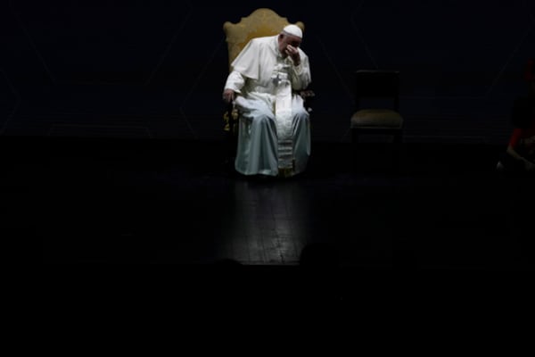 FILE - Pope Francis gestures as he attends an annual gathering of pro-family organisations at the Auditorium della Conciliazione, in Rome, Friday, May 10, 2024. (AP Photo/Alessandra Tarantino, File)