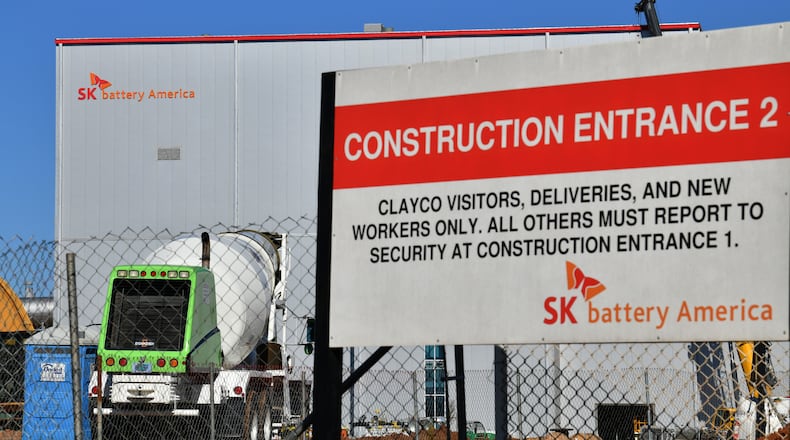 SK Innovation's $2.6 billion construction site in Commerce, Georgia, on September 30, 2020. The 2.4 million-square-foot plant, located next to Interstate 85 in Jackson County, could eventually employ up to 2,600 workers. Georgia gave SK one of the biggest incentive packages in state history to locate there, including $300 million in grants, tax breaks and free land. (Hyosub Shin/Atlanta Journal-Constitution/TNS)