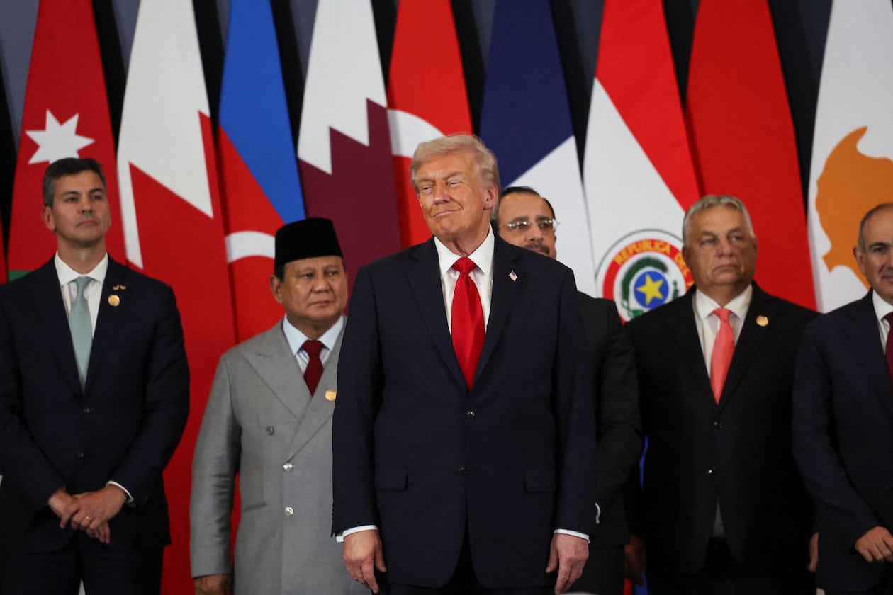 U.S. President Donald Trump, center, attends the Gaza International Peace Summit in Sharm el-Sheikh, Egypt with, from left, Paraguay's President Santiago Pena, Indonesian President Prabowo Subianto, Cyprus' President Nikos Christodoulides and Hungary's Prime Minister Viktor Orban, Monday, Oct. 13, 2025. (Suzanne Plunkett/AP)