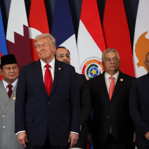 U.S. President Donald Trump, center, attends the Gaza International Peace Summit in Sharm el-Sheikh, Egypt with, from left, Paraguay's President Santiago Pena, Indonesian President Prabowo Subianto, Cyprus' President Nikos Christodoulides and Hungary's Prime Minister Viktor Orban, Monday, Oct. 13, 2025. (Suzanne Plunkett/AP)