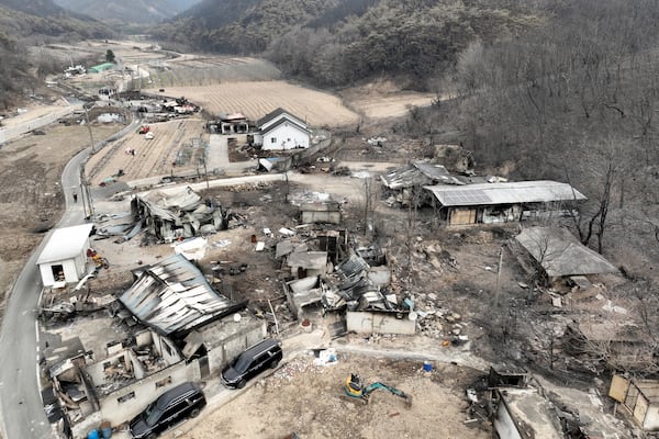 A burnt-out houses in a destroyed village are seen in Uiseong, South Korea, Thursday, March 27, 2025. (Kim Do-hun/Yonhap via AP)