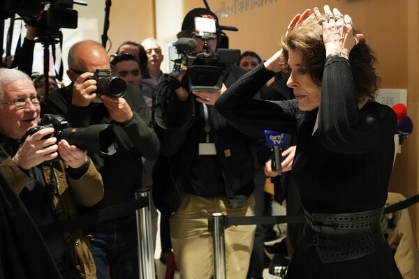 Actor Fanny Ardant arrives to testify as actor Gerard Depardieu goes on trial for the alleged sexual assaults of two women on a film set in 2021, Wednesday, March 26, 2025 in Paris. (AP Photo/Aurelien Morissard)
