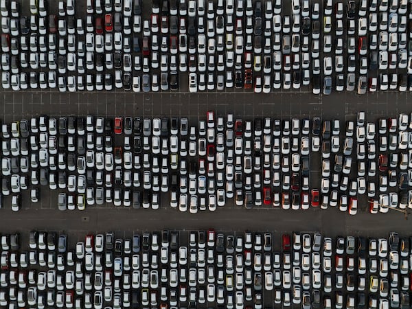 New cars sit at Tilbury Port in Essex, Britain, Monday April 7, 2025. (Jamie Lashma/PA via AP)