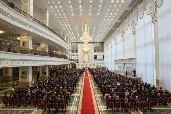 In this photo released by Belarus' Presidential Press Service, Belarusian President Alexander Lukashenko takes his oath of office during his inauguration ceremony at the Palace of the Independence in Minsk, Belarus, Tuesday, March 25, 2025. (Belarus' Presidential Press Service via AP)