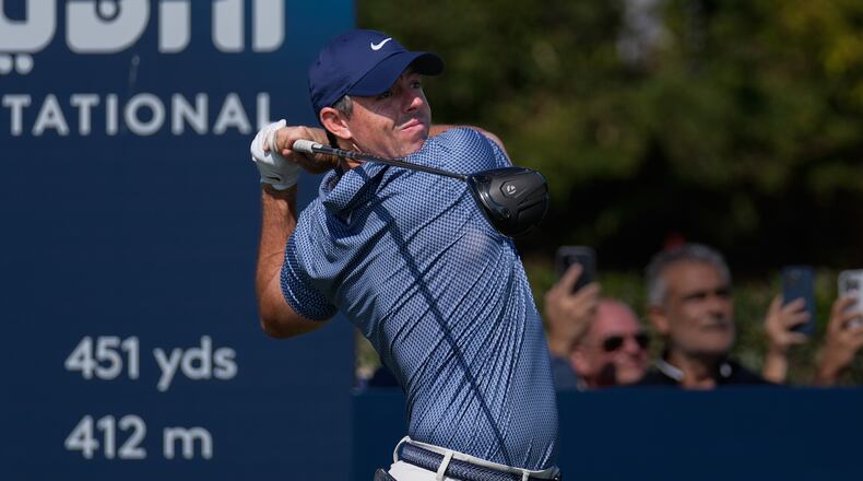 Rory McIlroy of Northern Ireland hits off the first tee during the final round of Dubai Invitational golf tournament in Dubai, United Arab Emirates, Sunday, Jan. 18, 2026. (AP Photo/Altaf Qadri)