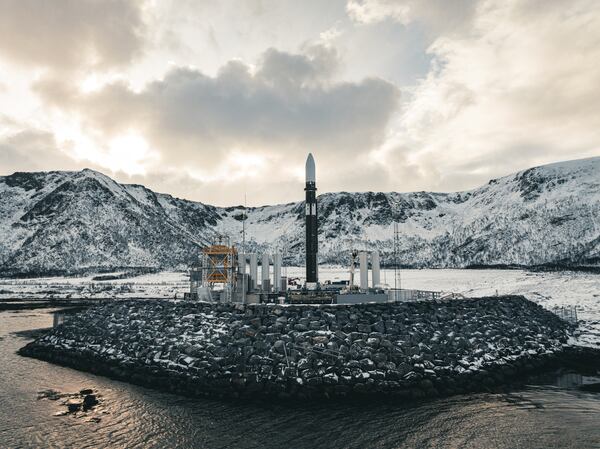 In a photo provided by Isar Aerospace, Photo Wingmen Media, Isar Aerospace Launch Vehicle "Spectrum" stands on a launchpad at Andoya Spaceport in Nordmela, on Andøya island, Norway, on March 20, 2025. (Simon Fischer/Isar Aerospace, Photo Wingmen Media via AP)