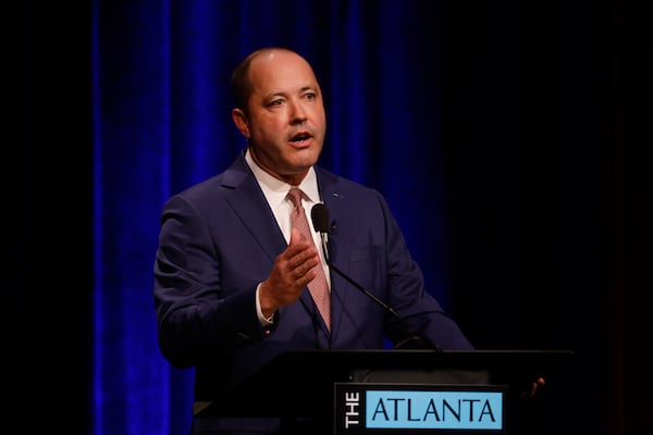 Republican candidate for governor Chris Carr, the attorney general, speaks at the Atlanta Press Club Loudermilk-Young debates at Georgia Public Broadcasting on Monday, April 27, 2026. (Arvin Temkar/AJC)