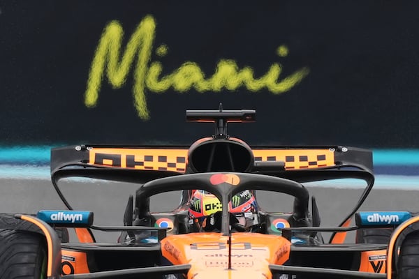 McLaren driver Oscar Piastri of Australia steers his car during the Sprint race at the Formula One Miami Grand Prix auto race, Saturday, May 3, 2025, in Miami Gardens, Fla. (AP Photo/Rebecca Blackwell)
