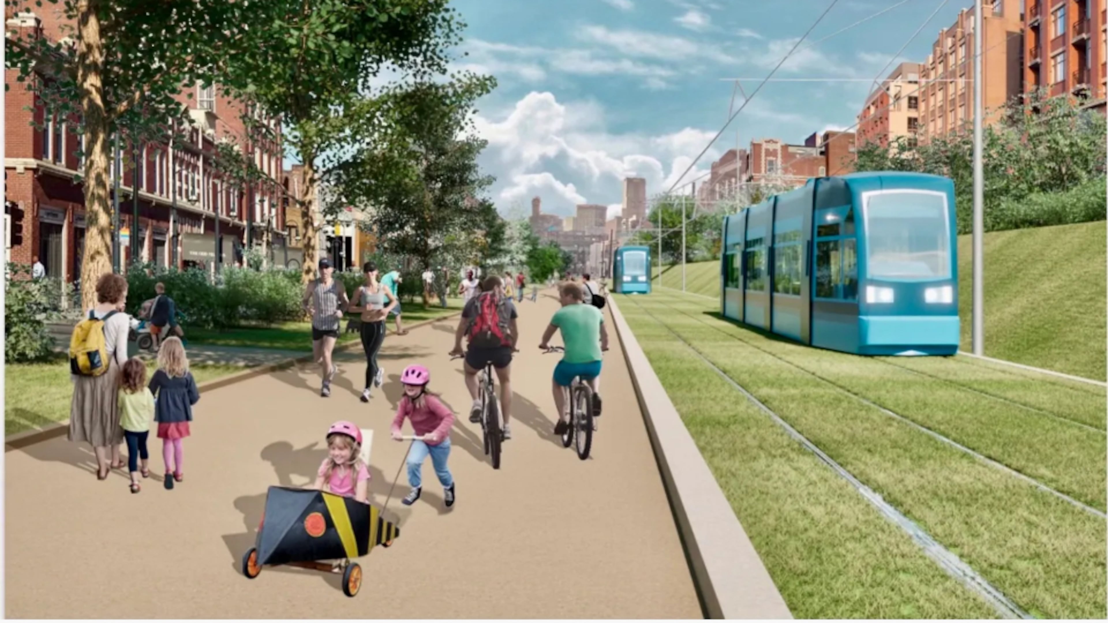 A rendition depicts what the light-rail might look like on the Beltline. By the end of the year, the Beltline hopes to create an implementation and funding plan that will guide the project’s next steps. (Courtesy of Atlanta Beltline Inc.)