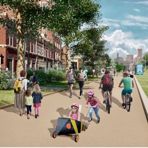 A rendition depicts what the light-rail might look like on the Beltline. By the end of the year, the Beltline hopes to create an implementation and funding plan that will guide the project’s next steps. (Courtesy of Atlanta Beltline Inc.)