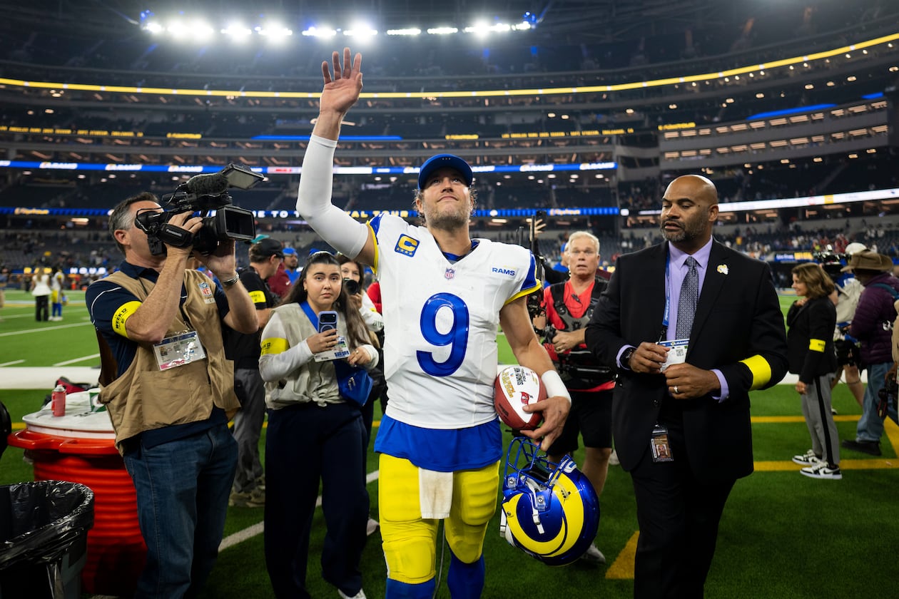“There are still plays I want back and things we can be better on, but I’m enjoying playing with this group; it’s steady, week in and week out they show up to work,”Los Angeles Rams quarterback Matthew Stafford said. (Kyusung Gong/AP)