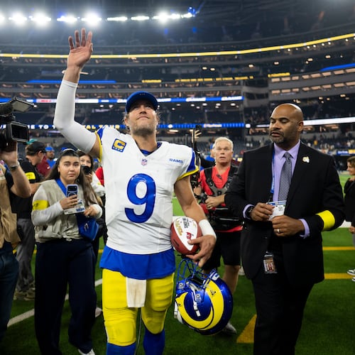 “There are still plays I want back and things we can be better on, but I’m enjoying playing with this group; it’s steady, week in and week out they show up to work,”Los Angeles Rams quarterback Matthew Stafford said. (Kyusung Gong/AP)