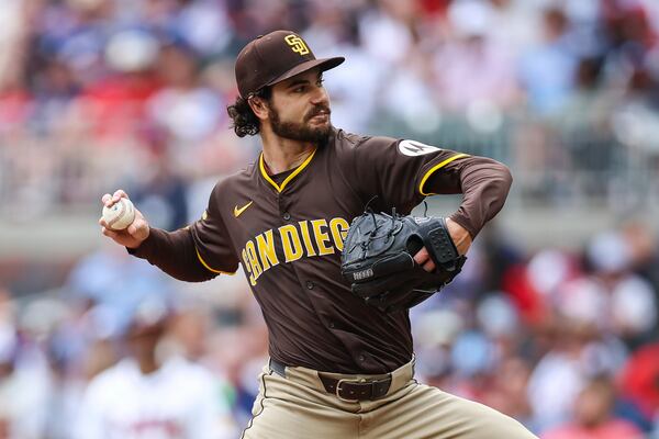 San Diego Padres pitcher Dylan Cease delivers in the first inning of a baseball game against the Atlanta Braves, Sunday, May 25, 2025, in Atlanta. (AP Photo/Colin Hubbard)