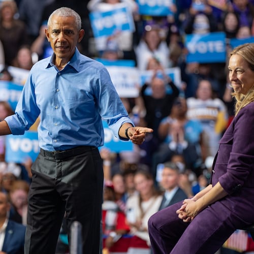Former President Barack Obama endorses New Jersey Democratic gubernatorial candidate Mikie Sherrill at a campaign rally, Saturday, Nov. 1, 2025, in Newark, N.J. (AP Photo/Angelina Katsanis)