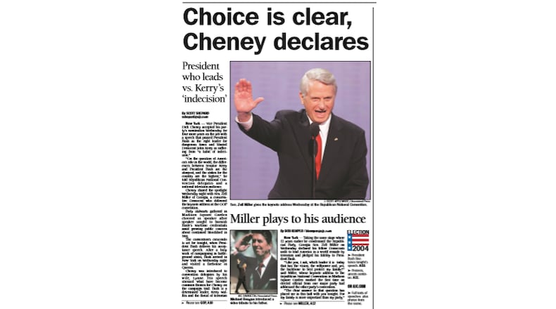Zell Miller's 2004 keynotes address at the Republican National Convention was front page news. AJC front page from September 2004. (AJC archives)