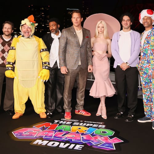 Charlie Day, from left, Jack Black, Donald Glover, Chris Pratt, Anya Taylor-Joy, Benny Safdie and Keegan Michael Key pose for photographers at the photo call for the film "The Super Mario Galaxy Movie" in Tokyo, Thursday, March 26, 2026. (AP Photo/Rodrigo Reyes)