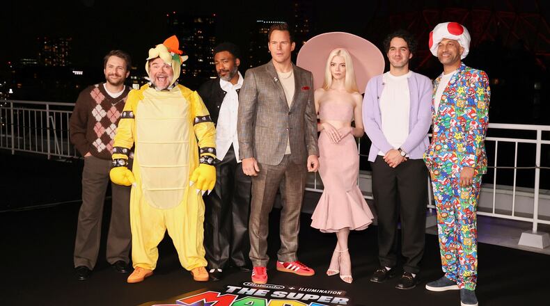 Charlie Day, from left, Jack Black, Donald Glover, Chris Pratt, Anya Taylor-Joy, Benny Safdie and Keegan Michael Key pose for photographers at the photo call for the film "The Super Mario Galaxy Movie" in Tokyo, Thursday, March 26, 2026. (AP Photo/Rodrigo Reyes)
