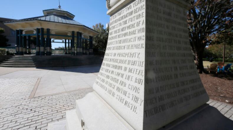 10/24/17 - Decatur, GA - Behind the old courthouse in Decatur Square sits this Confederate monument. Supporters of removing a Confederate monument from Decatur along with a lone proponent of keeping it spoke during public comment at the DeKalb County Commission. The commission is expected to vote to explore removing the monument. The vote wouldn't remove the monument immediately; rather, it would start an investigation into potential loopholes in state law allowing the county to take action. BOB ANDRES /BANDRES@AJC.COM