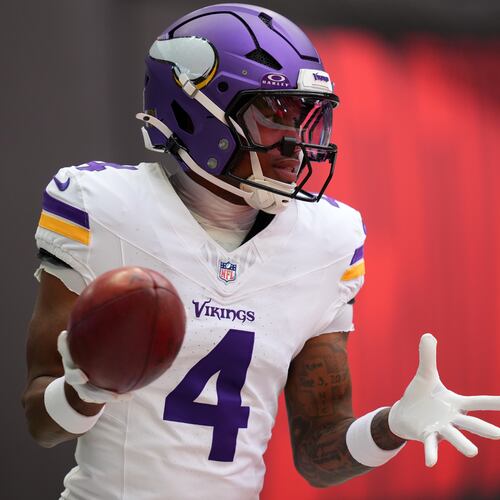 FILE - Minnesota Vikings wide receiver Rondale Moore (4) warms-up before the NFL game between Minnesota Vikings and Cleveland Browns at the Tottenham Hotspur stadium in London, Oct. 5, 2025. (AP Photo/Kirsty Wigglesworth, File)