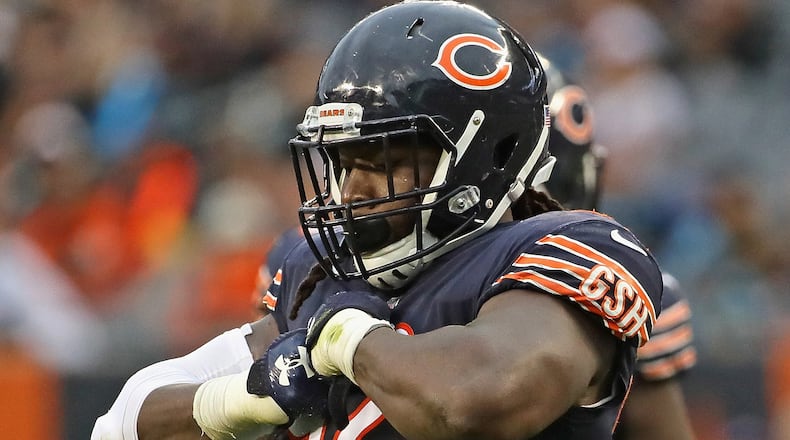 CHICAGO, IL - OCTOBER 22:  Pernell McPhee #92 of the Chicago Bears celebrates after sacking Cam Newton of the Carolina Panthers at Soldier Field on October 22, 2017 in Chicago, Illinois. The Bears defeated the Panthers 17-3.  (Photo by Jonathan Daniel/Getty Images)