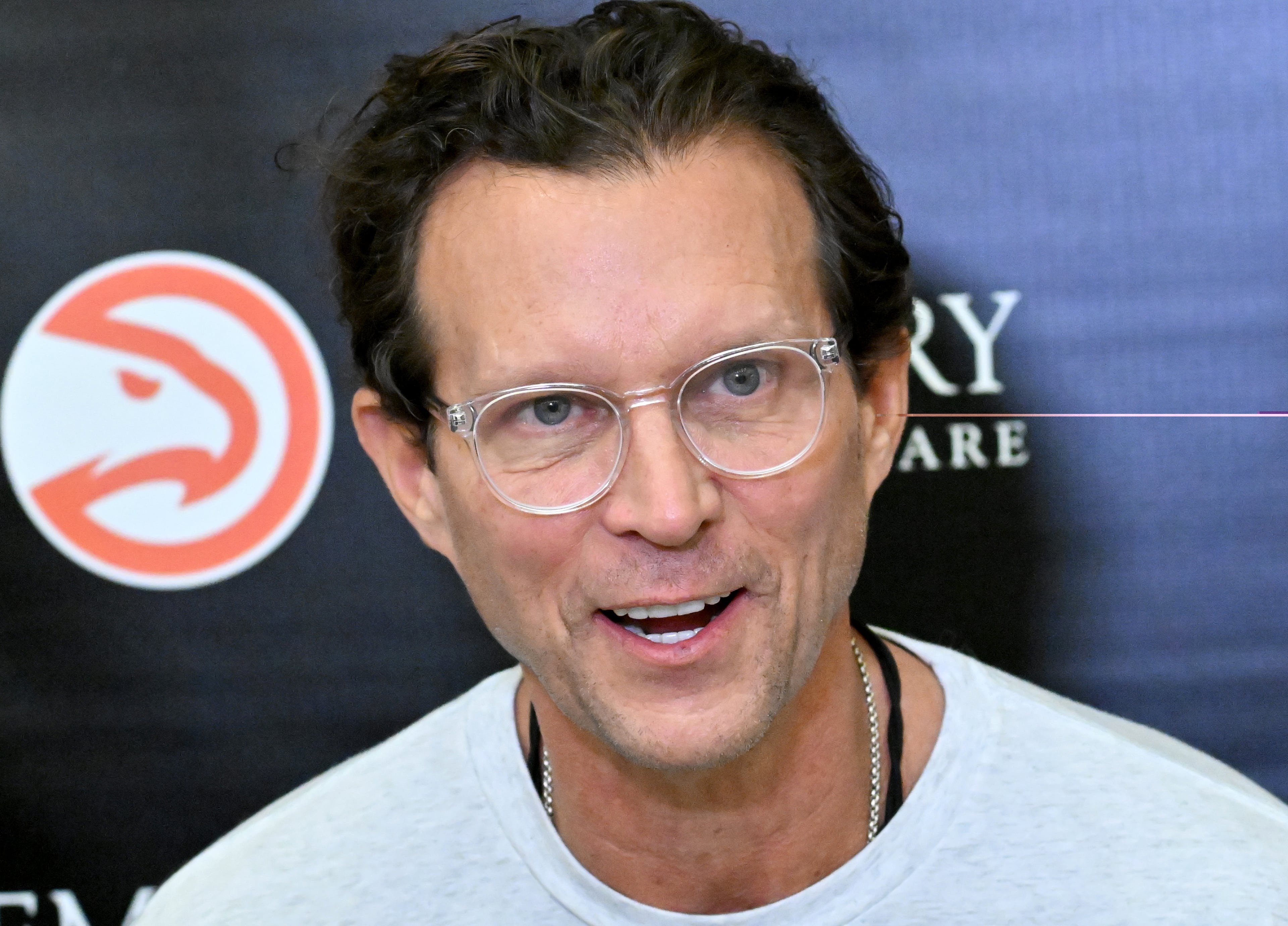 Hawks head coach Quin Snyder answers questions from the media during the first day of training camp at the Emory Sports Medicine Complex on Tuesday, Sept. 30, 2025, in Brookhaven. (Hyosub Shin/AJC)