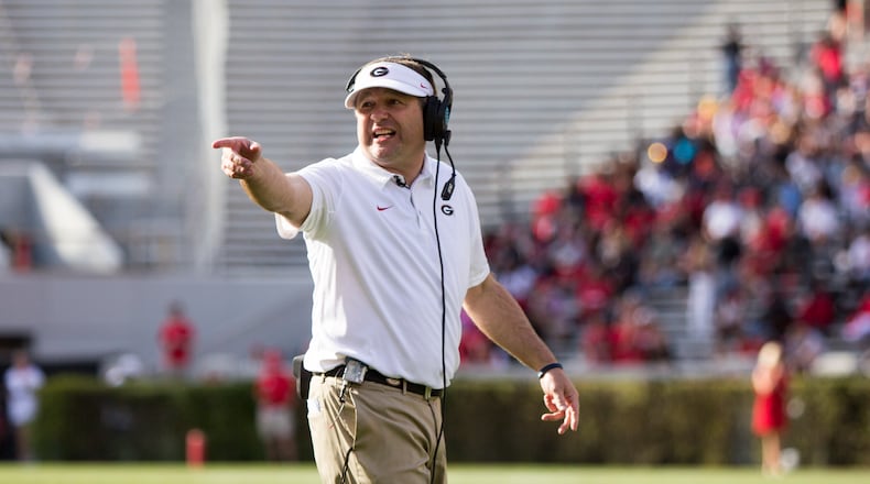 Georgia head coach Kirby Smart on the field during G-Day at the University of Georgia in Athens, Georgia, on Saturday, April 21, 2018. (REANN HUBER/REANN.HUBER@AJC.COM)