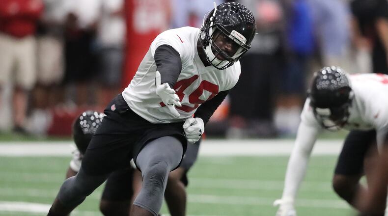 Atlanta Falcons rookie linebacker Richard Jarvis runs a drill during organized team activities on Tuesday, May 22, 2018, in Flowery Branch. Curtis Compton/ccompton@ajc.com