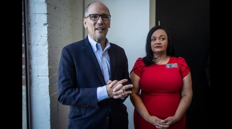 <p> Tom Perez, chair of the Democratic National Committee, address the audience during a speech on Wednesday, Nov. 20, 2019, in Atlanta. Perez spoke about efforts to combat voter suppression at a talk in Atlanta on the week the city was to play host to the Democratic presidential candidates debate. (AP Photo/ Ron Harris) </p> <p> Tom Perez, left, chair of the Democratic National Committee, and Nikema Williams, chair of the Georgia Democratic Party, speak with reporters on Wednesday, Nov. 20, 2019, in Atlanta. Perez and Williams highlighted their talks with efforts to combat voter suppression. Atlanta plays host to the Democratic presidential candidates debate. (AP Photo/ Ron Harris) (AP Photo/ Ron Harris) </p>
