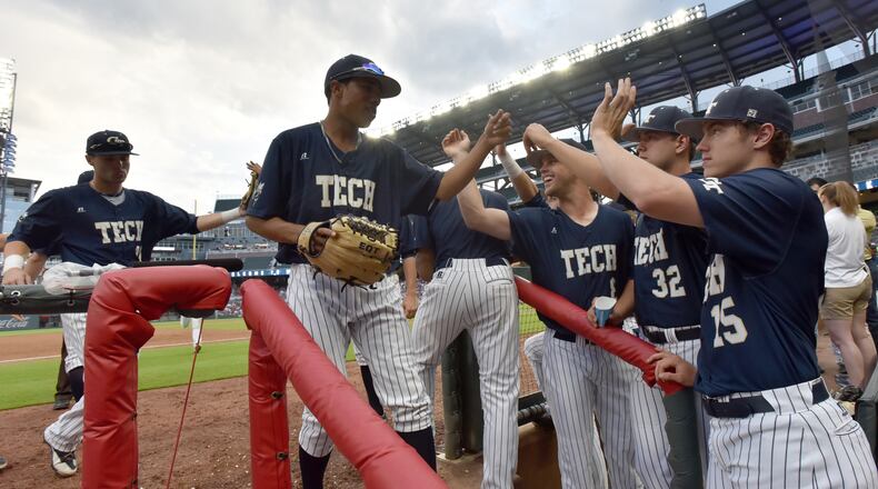 Georgia Tech players celebrate during their game against Georgia at SunTrust Park on Tuesday, May 8, 2018. HYOSUB SHIN / HSHIN@AJC.COM