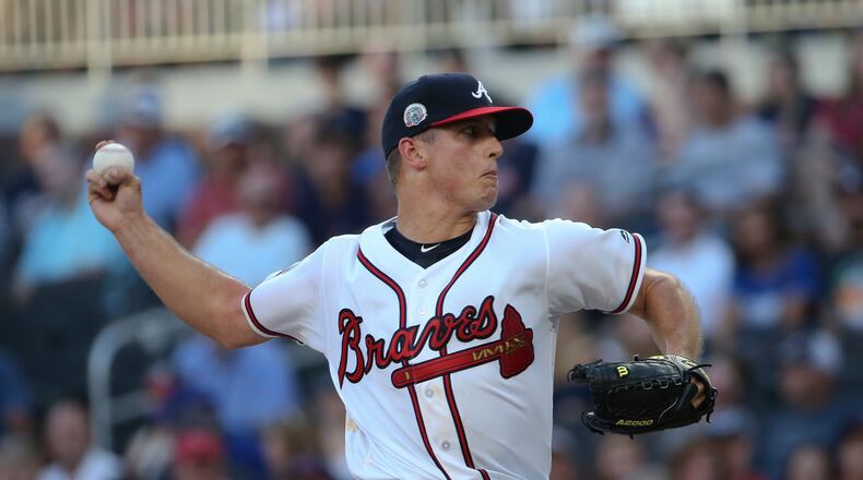 Atlanta Braves pitcher Lucas Sims works in the first inning of a baseball game against the Los Angeles Dodgers Tuesday, Aug. 1, 2017, in Atlanta. (AP Photo/John Bazemore)