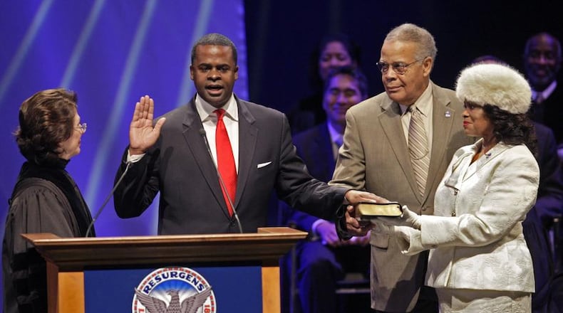 Kasim Reed was sworn in by Justice Carol Hunstein as the city’s 59th mayor on Jan. 4, 2010. In eight years, Reed carefully controlled his public image and took credit for resolving the city’s pension crisis, building up cash reserves and improving the city’s bond rating. BOB ANDRES / BANDRES@AJC.COM