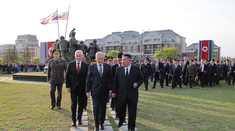 In this photo provided by the North Korean government, from front right to left, its leader Kim Jong Un, Russian parliament speaker Vyacheslav Volodin and Russian Defense Minister Andrei Beloussov attend an inaugural ceremony of a memorial museum in Pyongyang, North Korea Sunday, April 26, 2026. Independent journalists were not given access to cover the event depicted in this image distributed by the North Korean government. The content of this image is as provided and cannot be independently verified. Korean language watermark on image as provided by source reads: "KCNA" which is the abbreviation for Korean Central News Agency. (Korean Central News Agency/Korea News Service via AP)