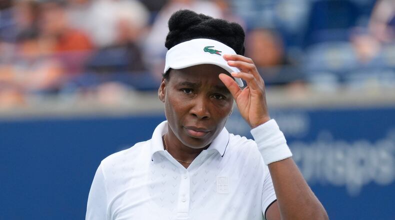 Venus Williams reacts during her straight sets defeat by Kamilla Rakhimova during the National Bank Open tennis tournament in Toronto, Sunday, Aug. 2, 2026. (Chris Young/The Canadian Press via AP)